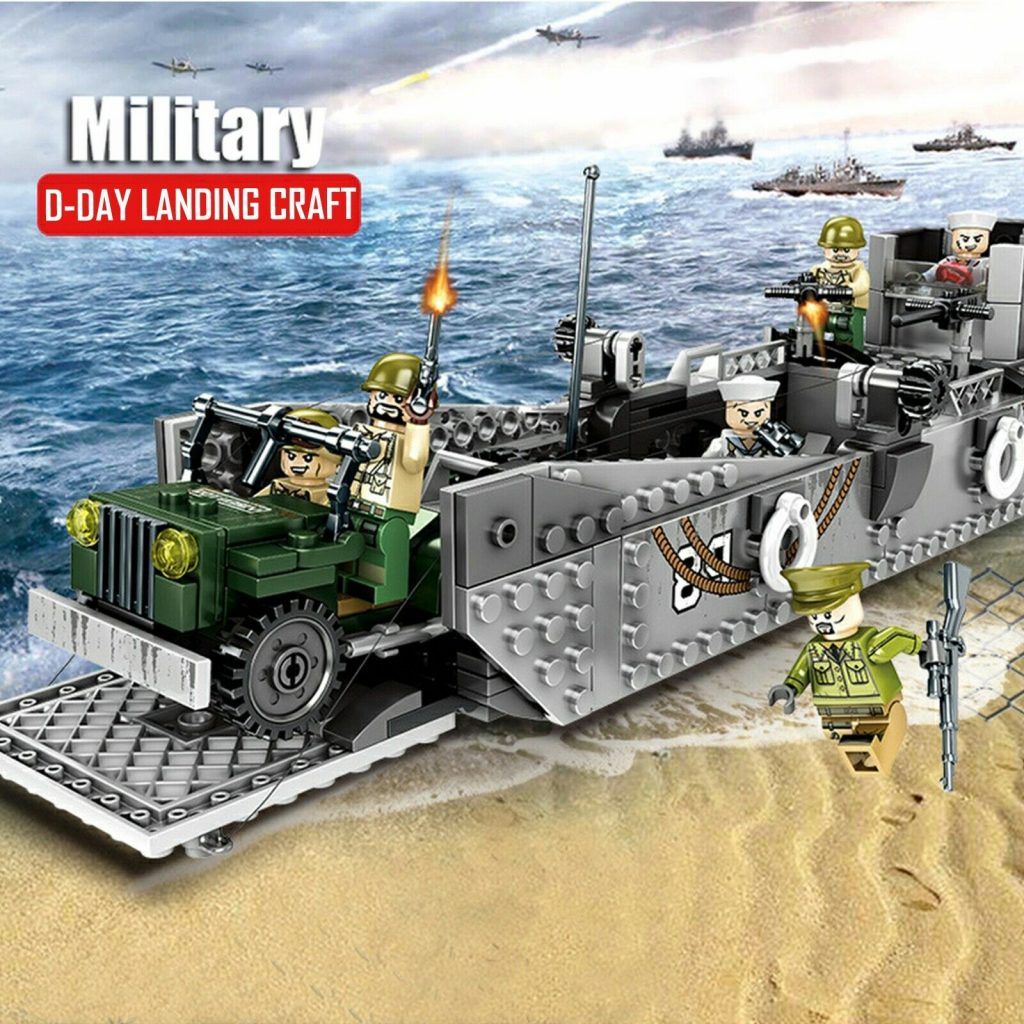 WW2 Military Landing Craft Boat + Army Jeep Truck + Soldiers Normandy fit lego