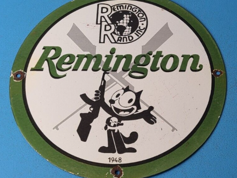 Vintage Remington Porcelain Felix CAT Chevy GUNS GAS PUMP Service Station SIGN for sale