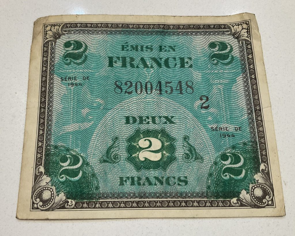Original WWII US Allies 1944 Invasion of France Money 2 Francs D-Day Overlord