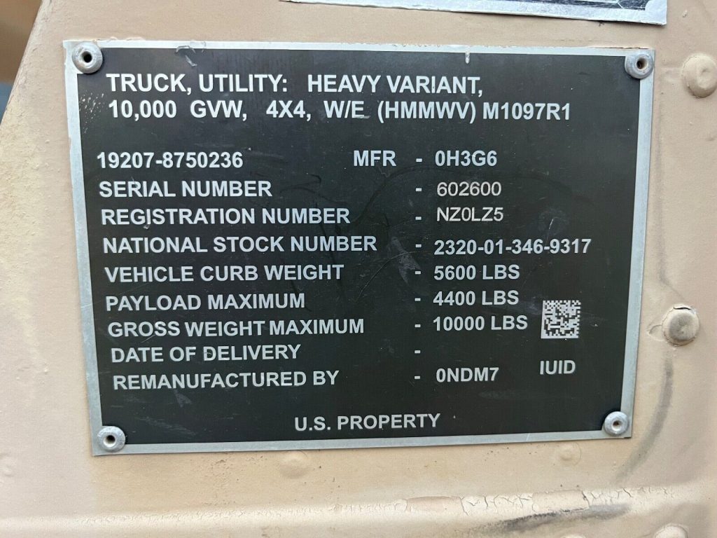 2001 Am General M1097r1 4X4 6.5L Diesel Military Humvee W/truck Body Low Miles!