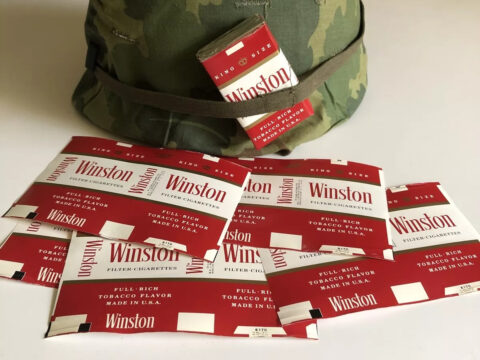 8 Original Vietnam War Era 60’s Winston Military Cigarette Pack Labels M1 Helmet for sale