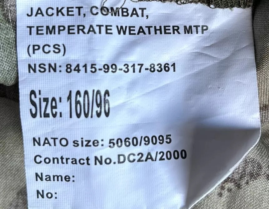 British Army Issue PCS Jaccketr Combat Temperate Weather MTP 160/96 New