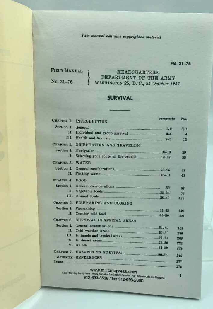 Fm21-76 Survival US Army Field Manual 1970 Training Department of 288 Pages
